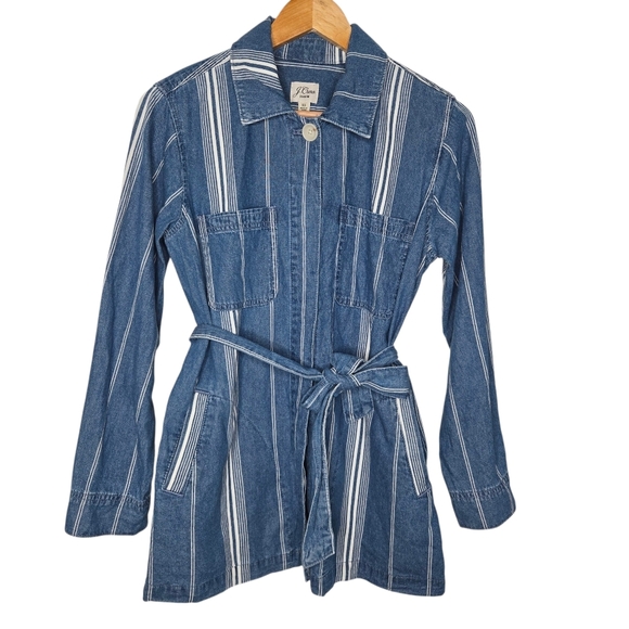 J Crew Denim Womens Striped Cotton Button Front Belted Jean Jacket Size XS - Picture 1 of 10